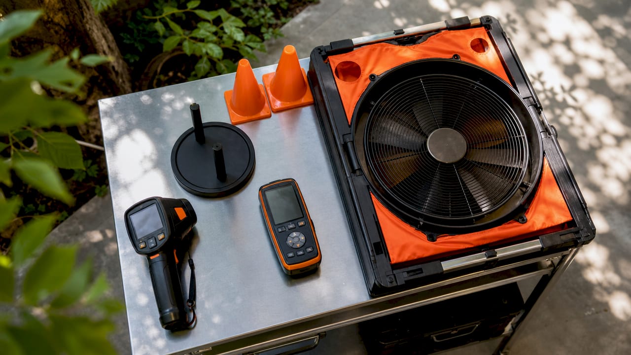 Energy audit tools on garage workbench for home inspection