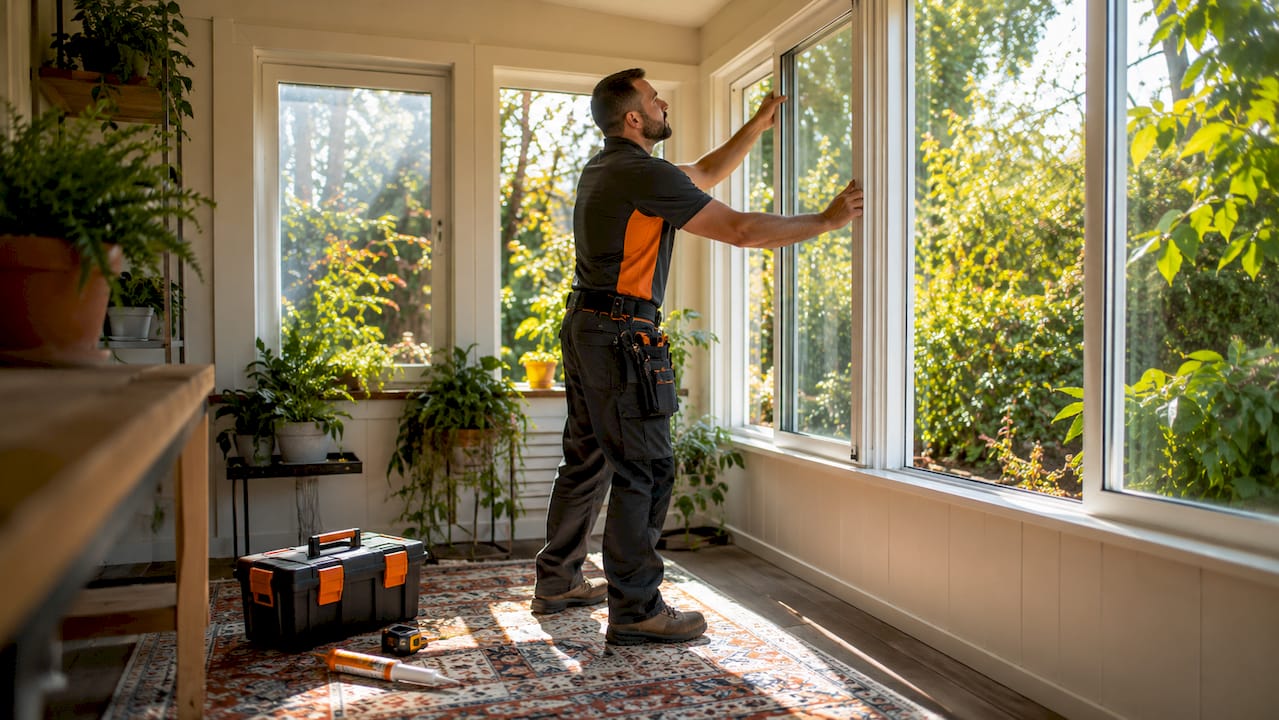 Close-up hands installing energy efficient window