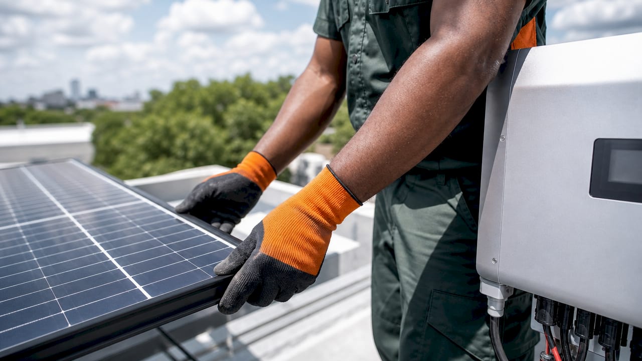 Close-up of solar panel and inverter held by installer