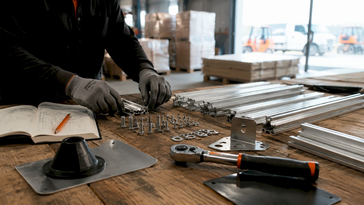 Hands organizing solar mounting hardware parts