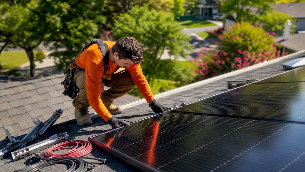 Solar panel installation on suburban house roof