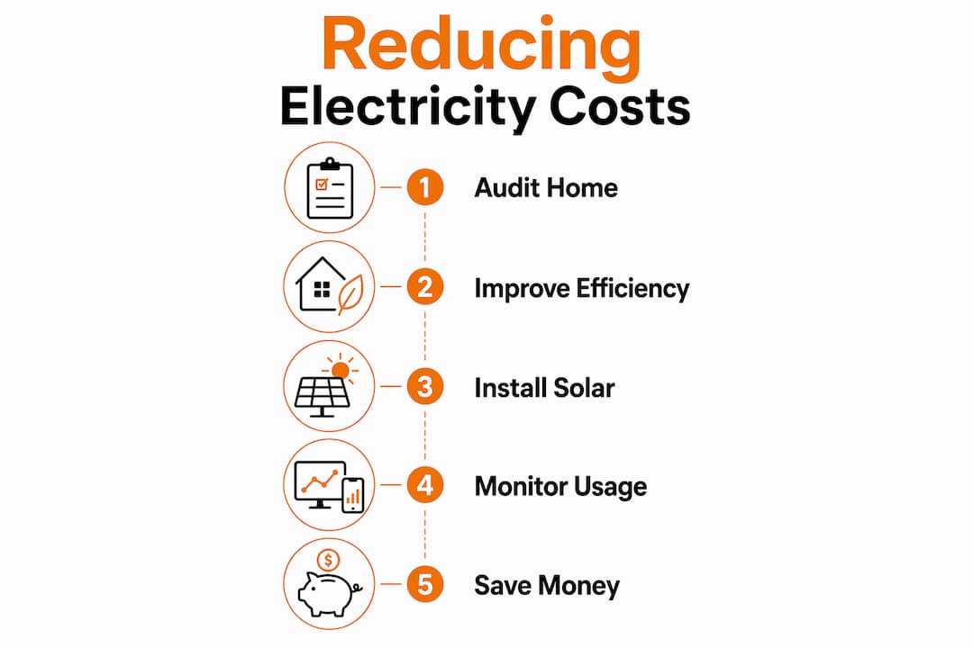Infographic showing five steps to reduce electricity costs