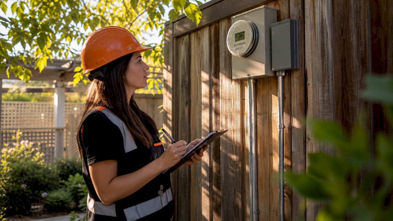 Technician reading solar energy meter outdoors