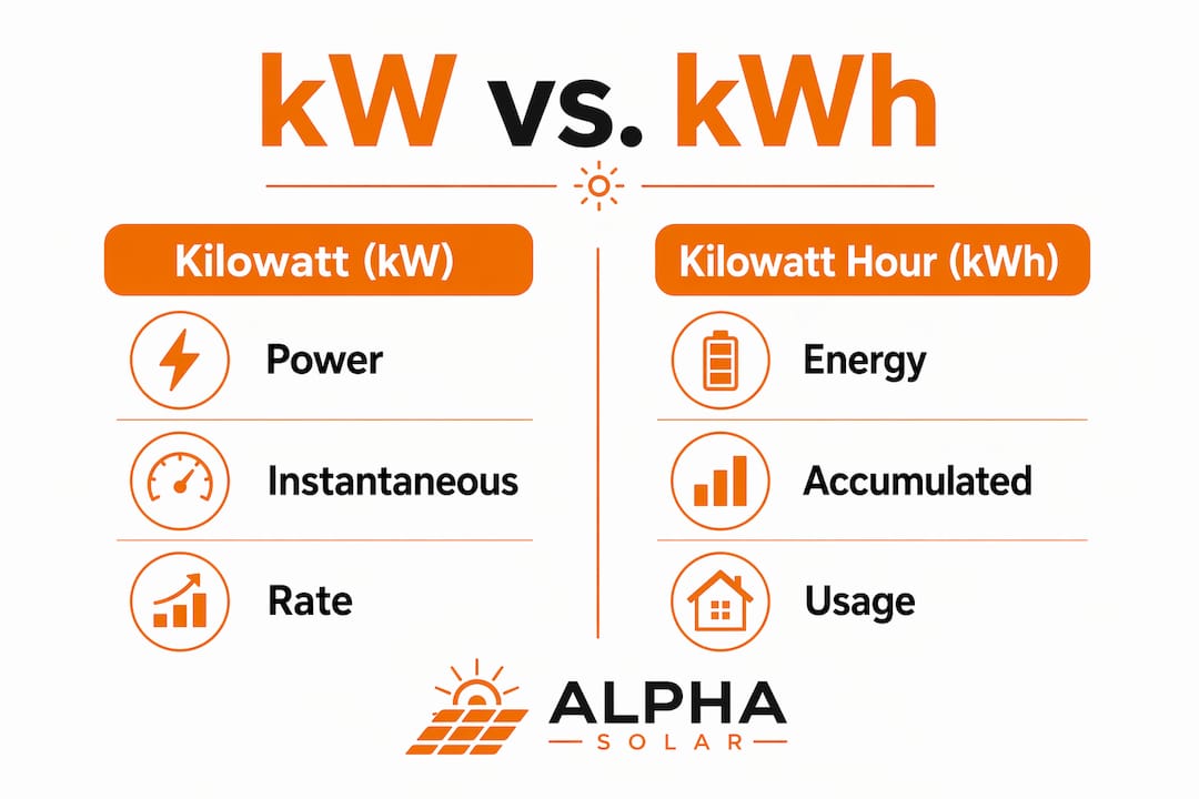 Infographic comparing kilowatt and kilowatt hour concepts