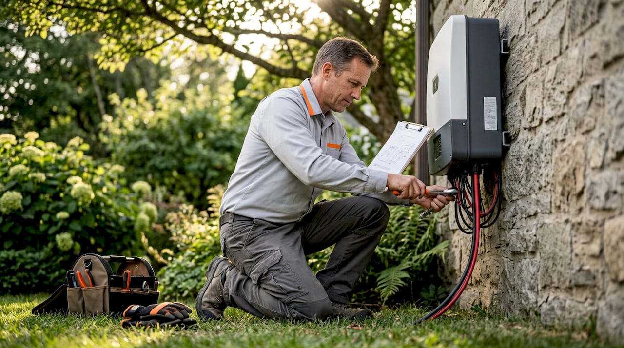 Electrician working on solar string inverter wiring