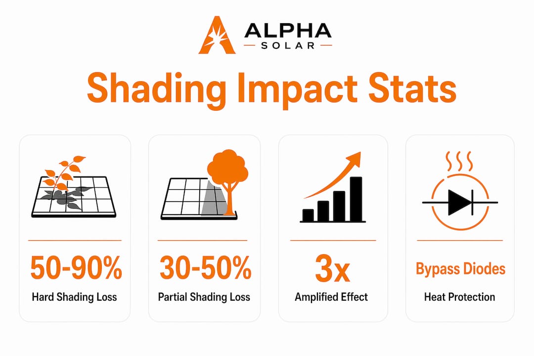 Infographic showing solar panel shading impact statistics