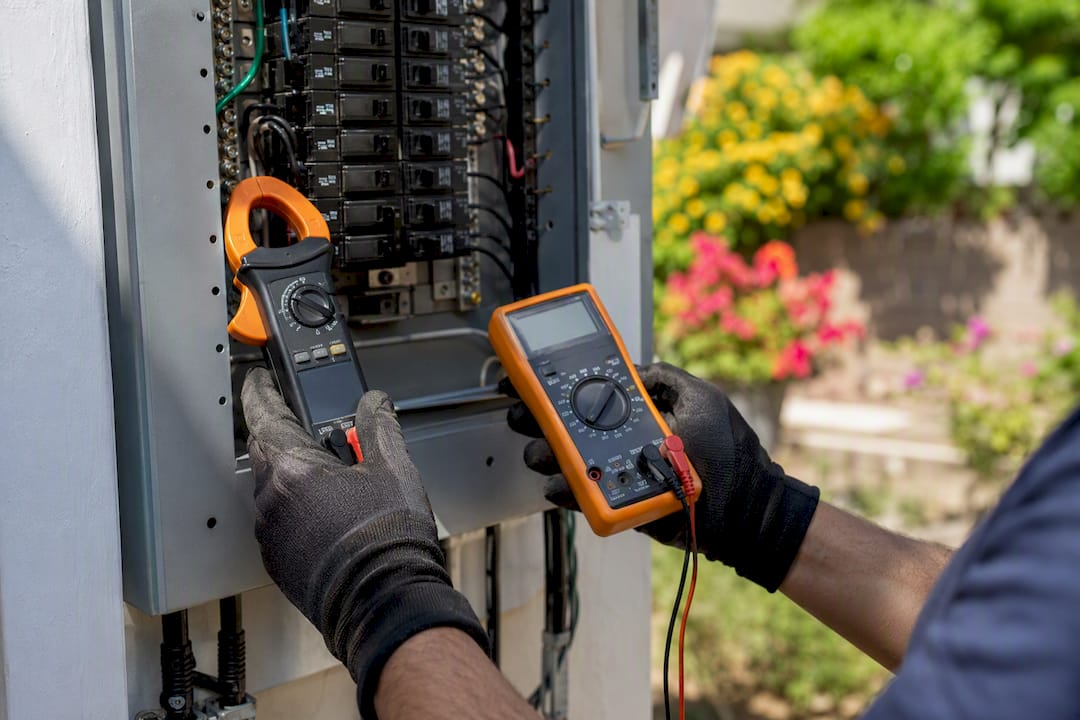 Electrician measuring electrical panel load