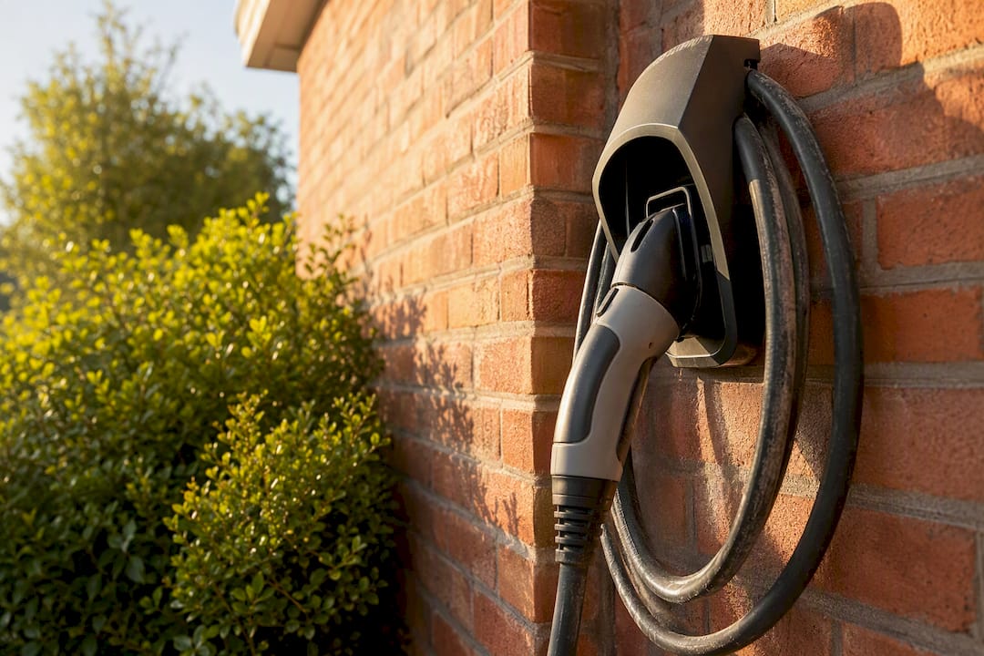 Cable holster holding EV charger cable outdoors