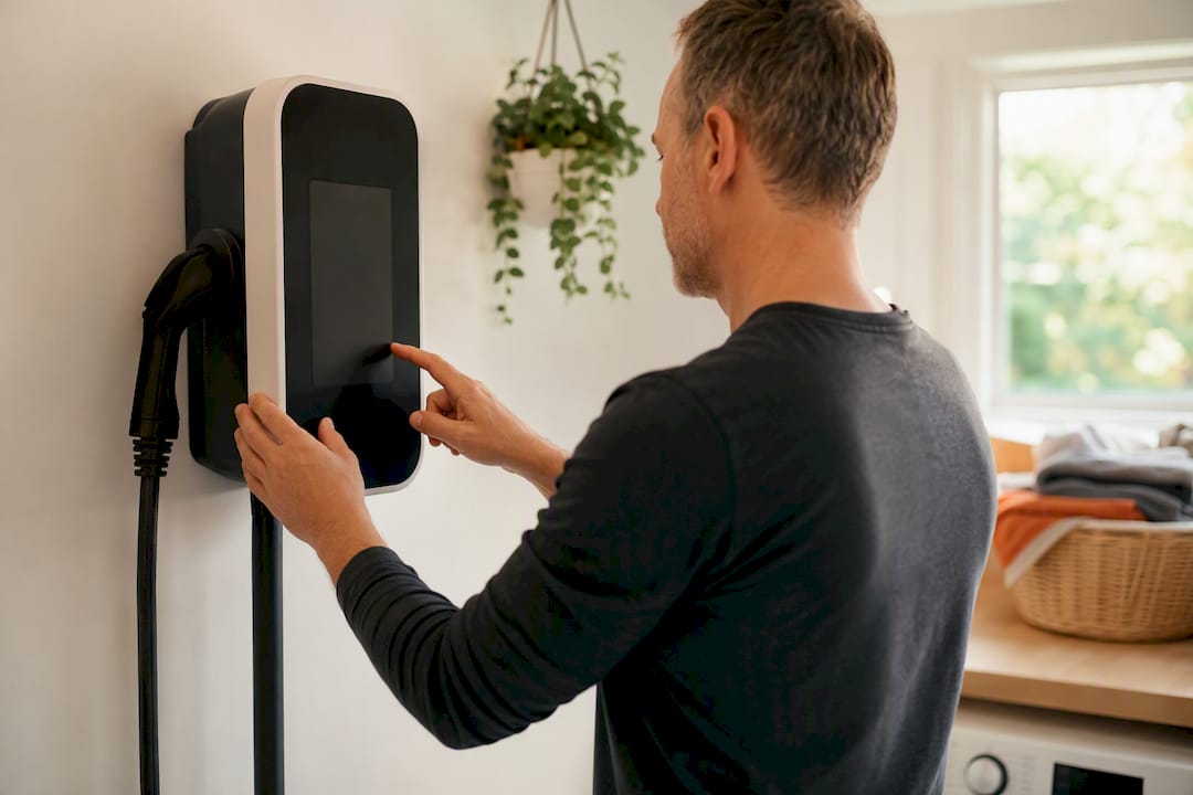Hands adjusting home EV charger control in daylight