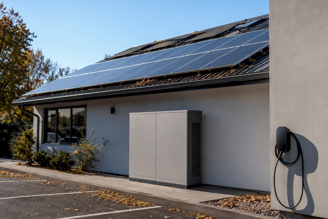 Commercial solar panels and battery storage outdoors