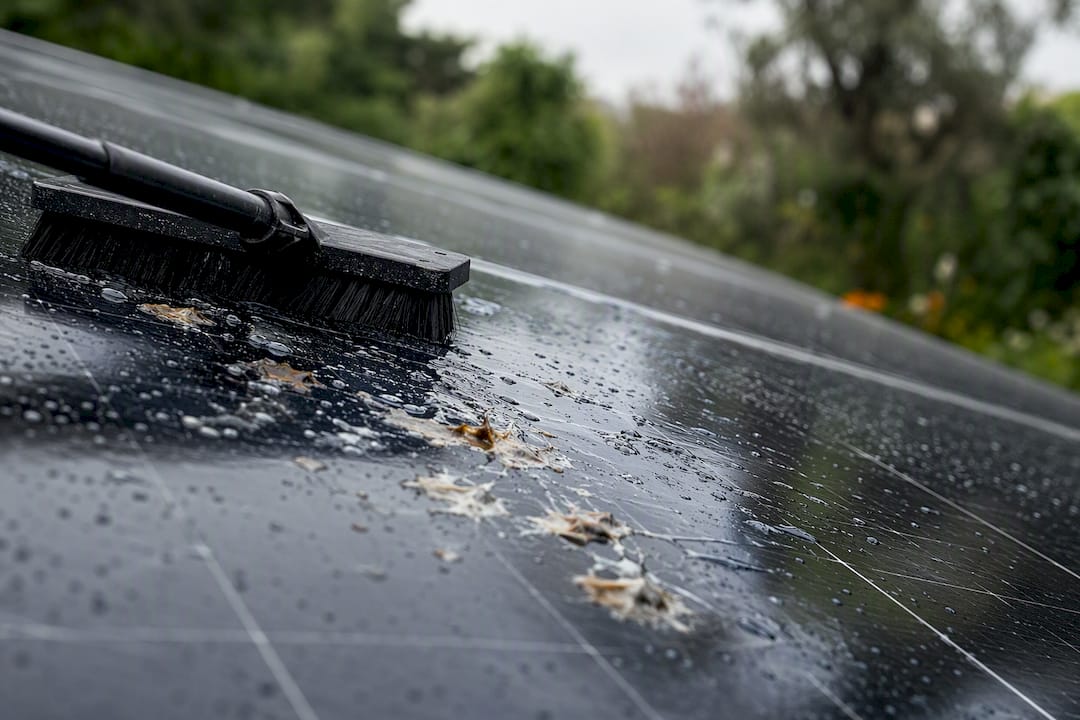 Water droplets wetting bird droppings on solar panel