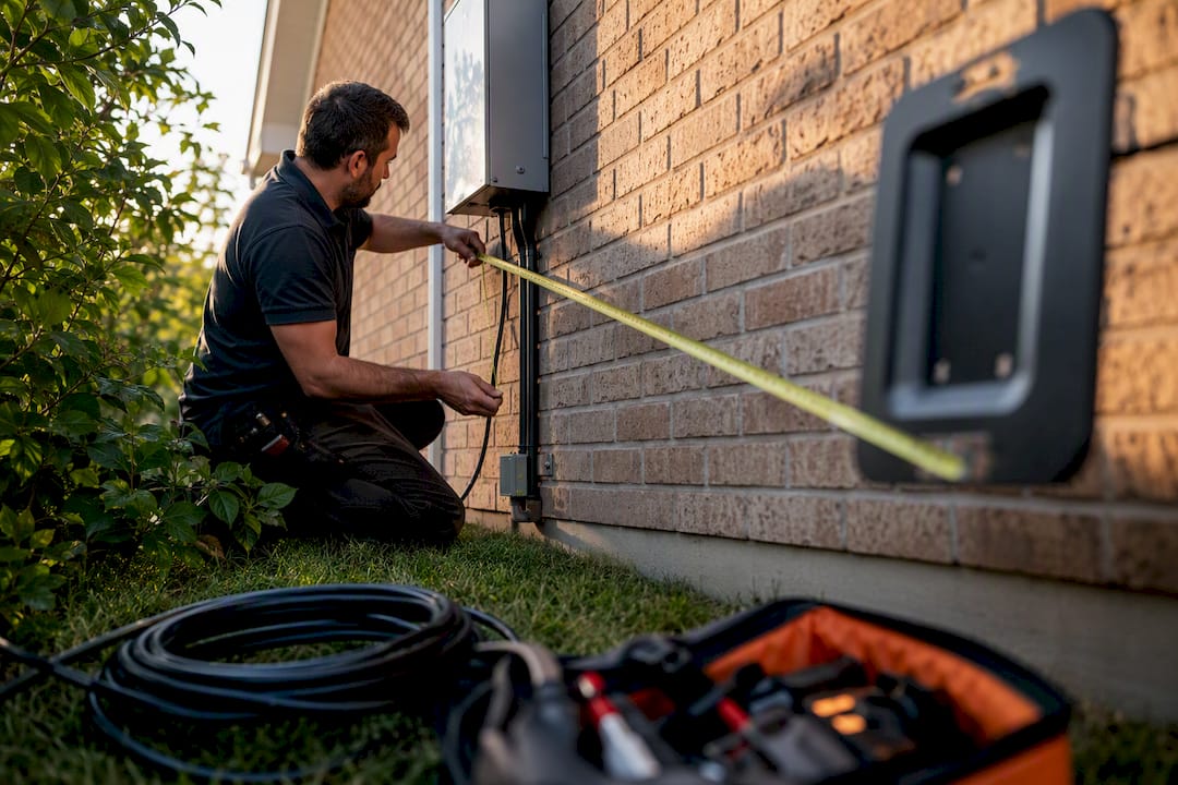 Electrician measuring cable run distance outdoors