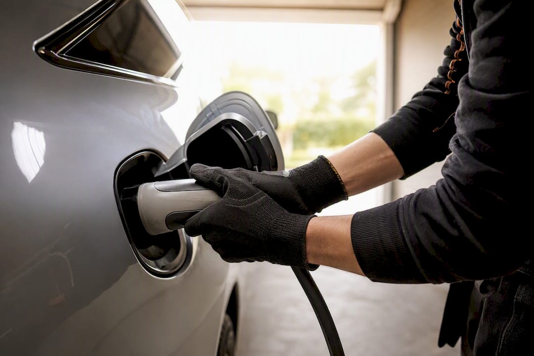 Hands connecting EV charging adapter cable