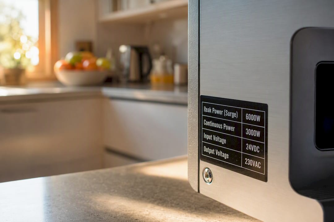 Inverter peak wattage rating label close-up
