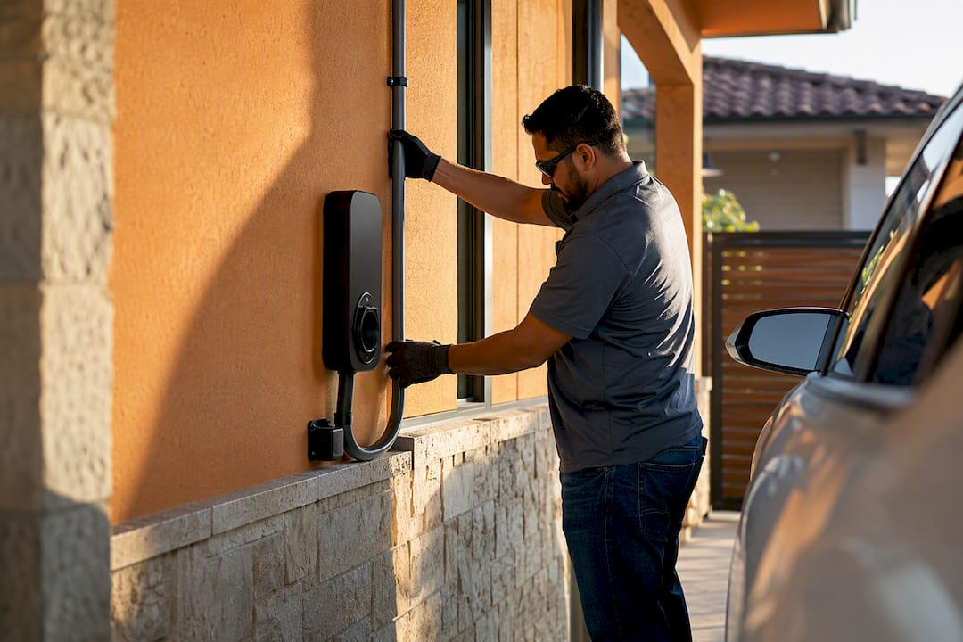 Electrician routing weatherproof EV cable