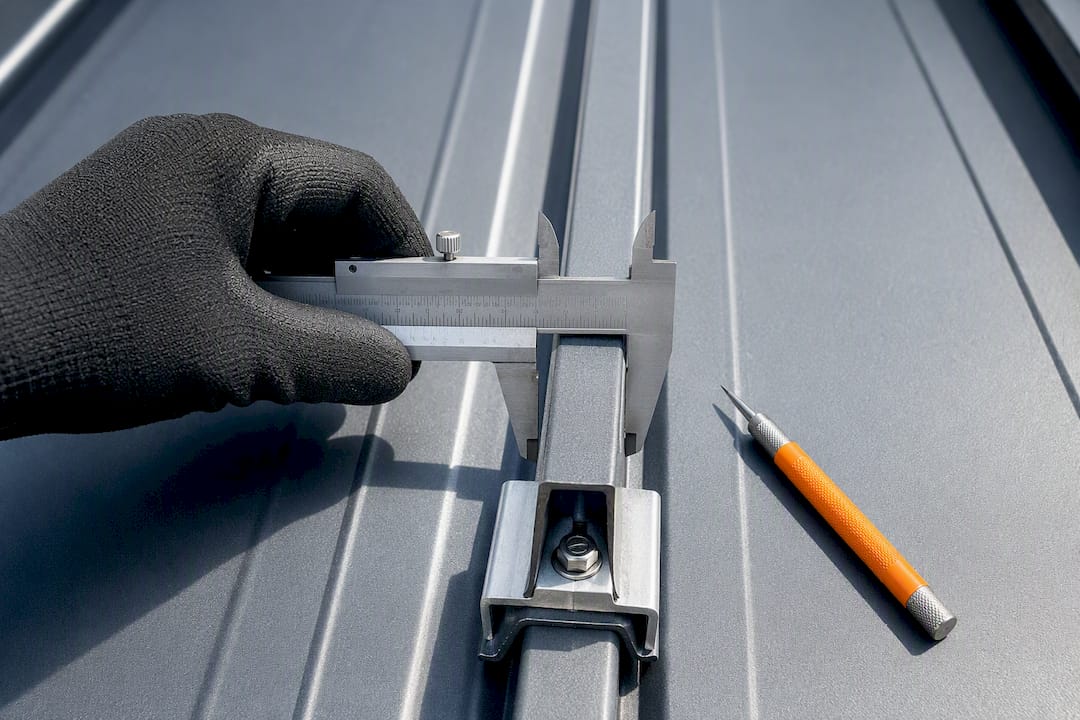 Installer measuring standing seam roof profile