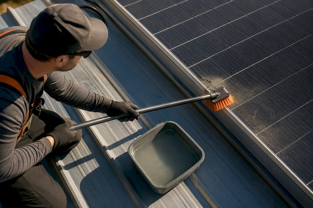 Soft brush cleaning panel above metal roof