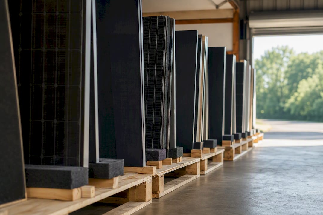 Solar modules stored upright off ground