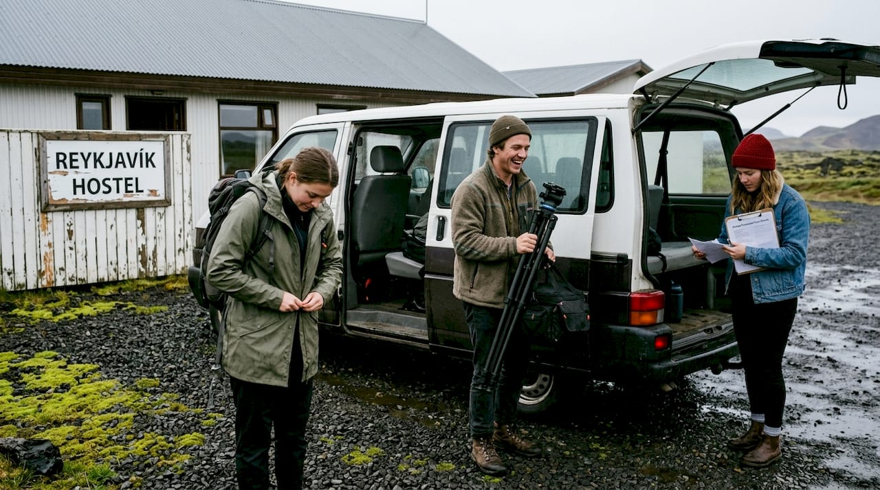 Guests prepare for nature tour at Iceland hostel