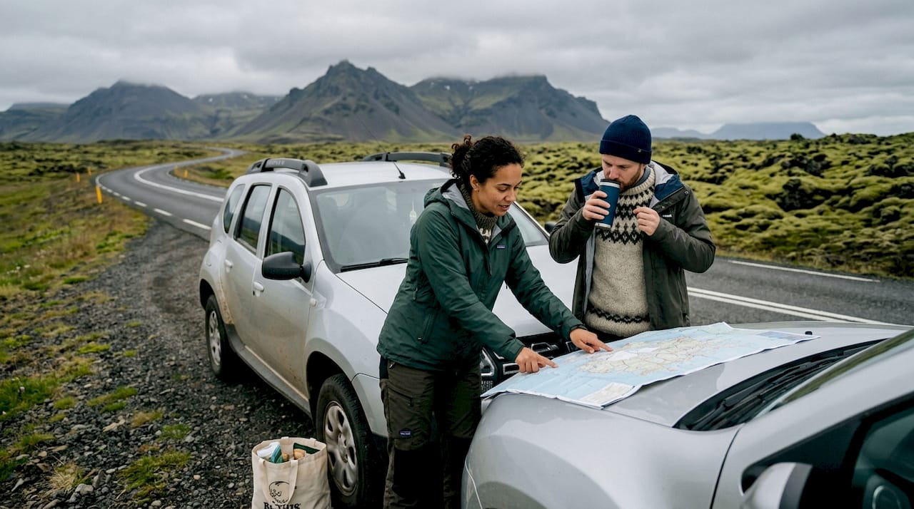 Travelers planning budget Iceland road trip