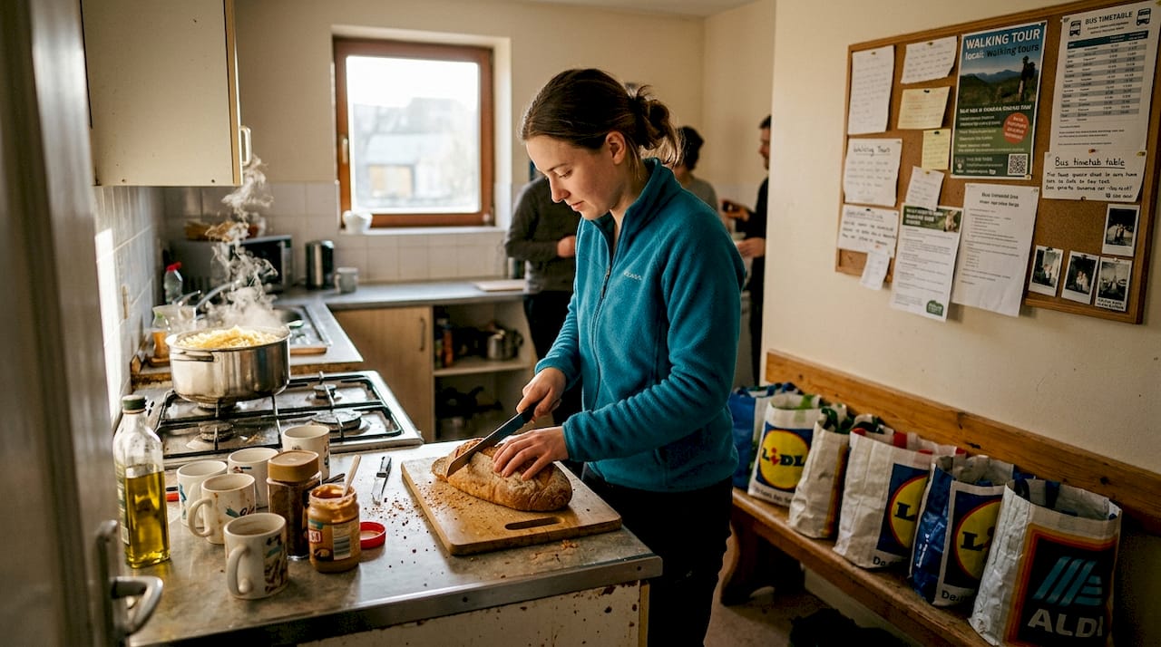 Backpacker self-catering in Iceland hostel kitchen