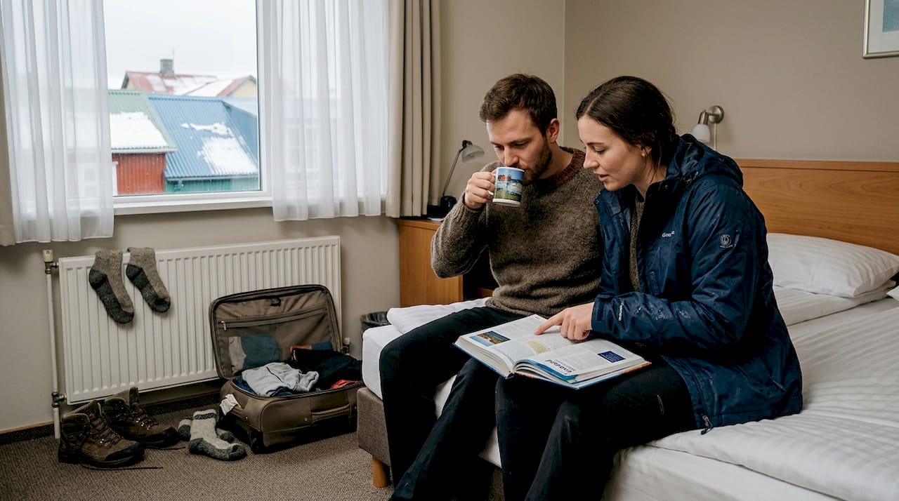 Couple discussing plans in Iceland hotel room
