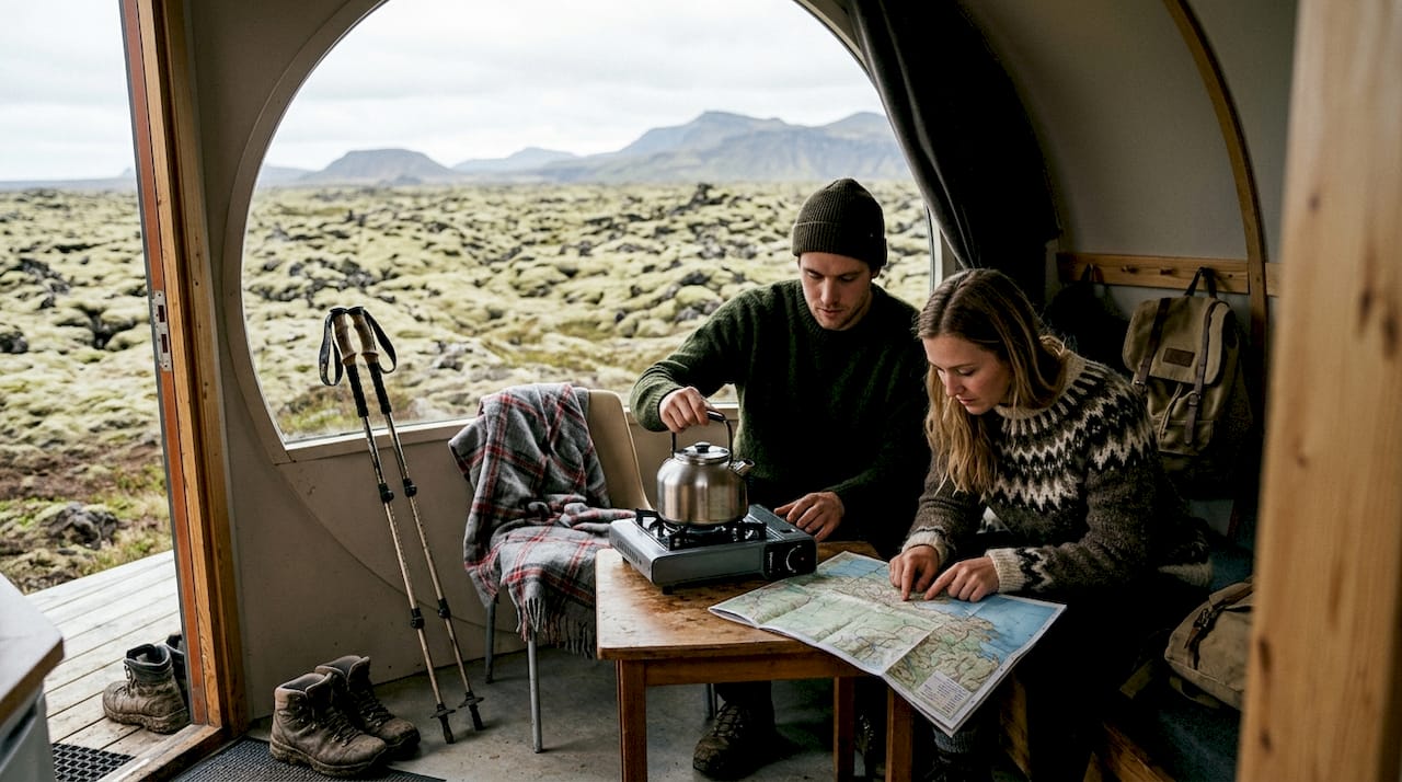 Couple inside Iceland glamping pod volcanic view