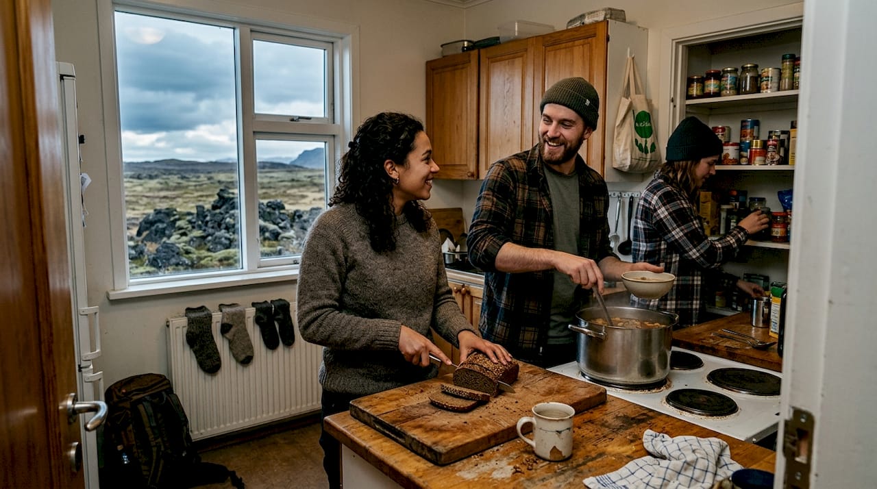 Ambiente de convivencia entre huéspedes en la cocina de un hostal rural