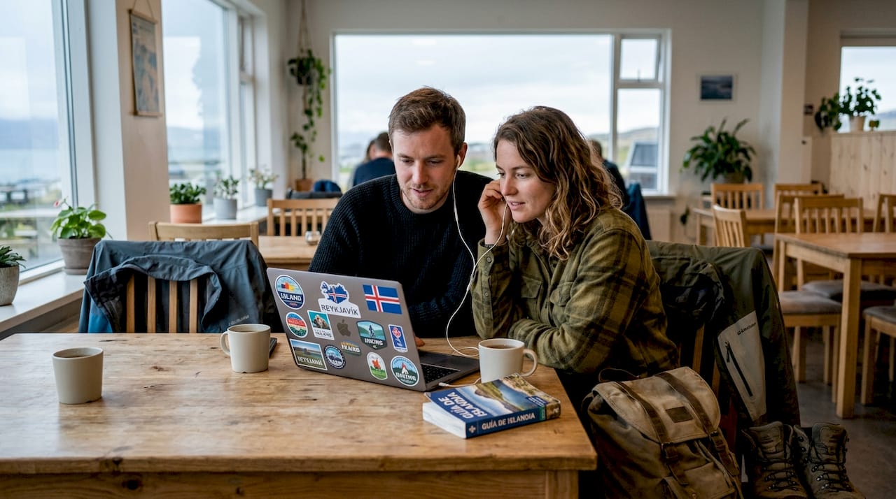 Una pareja organizando los detalles de su estancia en un hostal de Islandia