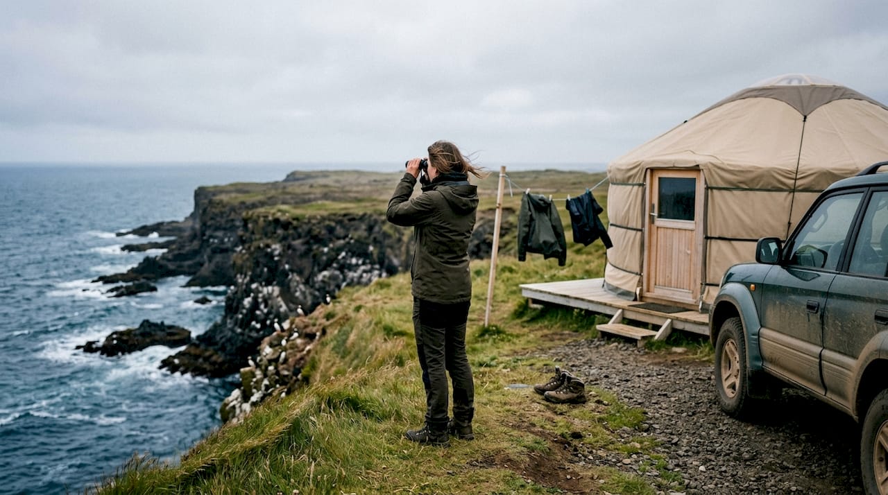 Un viajero contempla la costa de Islandia desde la comodidad de una yurta.