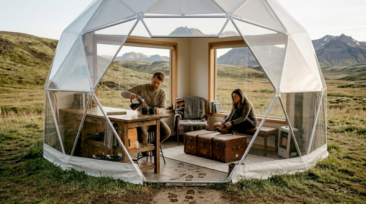 Una pareja disfruta de una experiencia glamping en una tienda, rodeada de impresionantes paisajes islandeses.