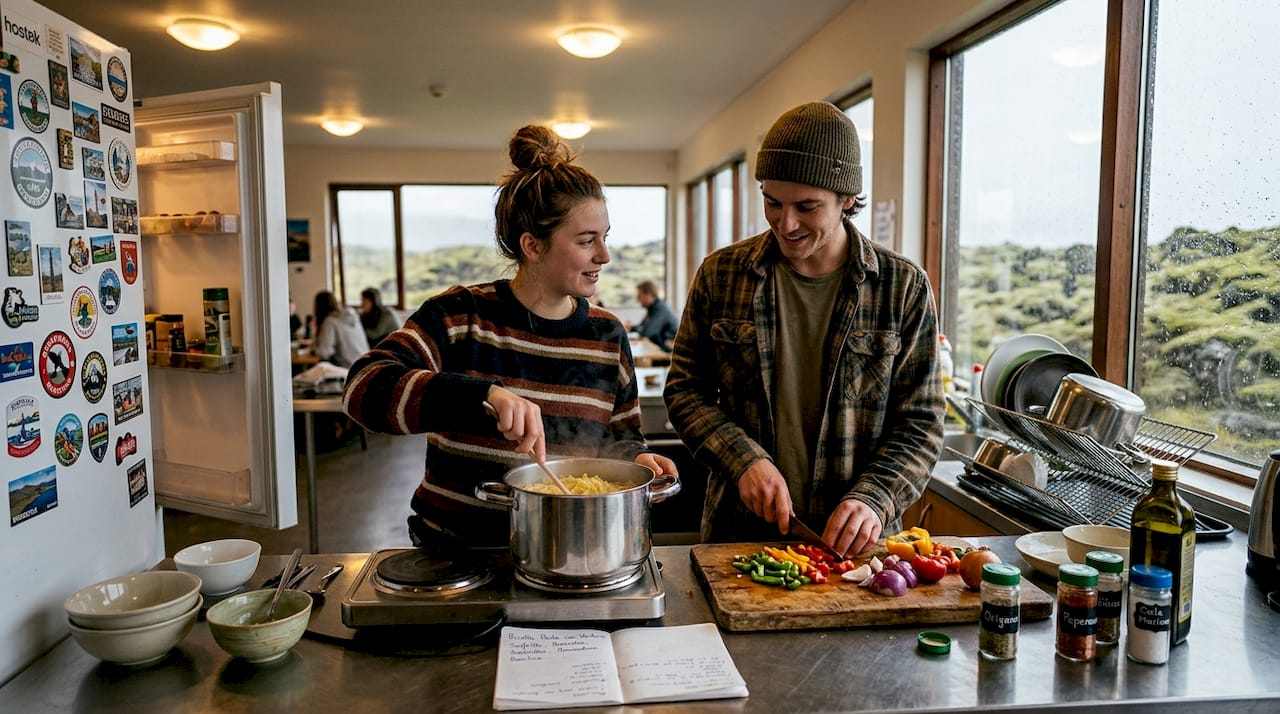 Un gruppo di viaggiatori prepara la cena insieme nella cucina dell’ostello, condividendo ricette e storie da tutto il mondo.
