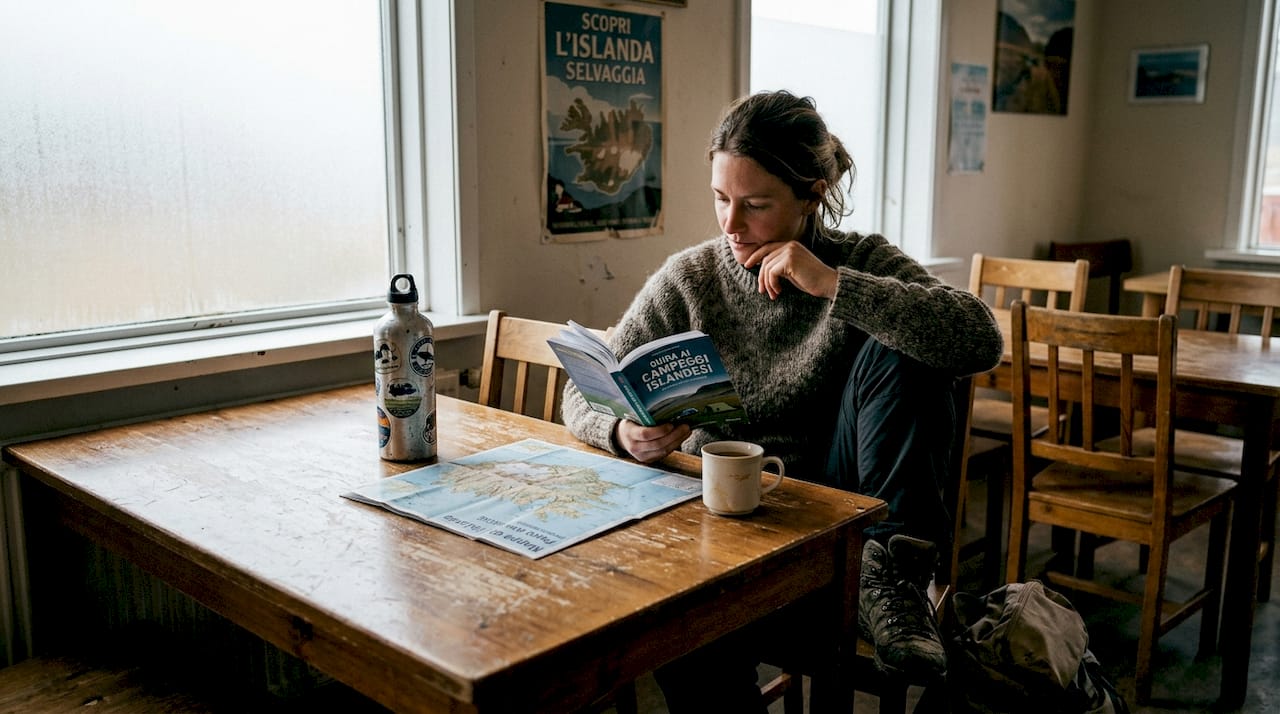 Viaggiatore che organizza il suo itinerario seduto nella zona comune di un ostello in Islanda