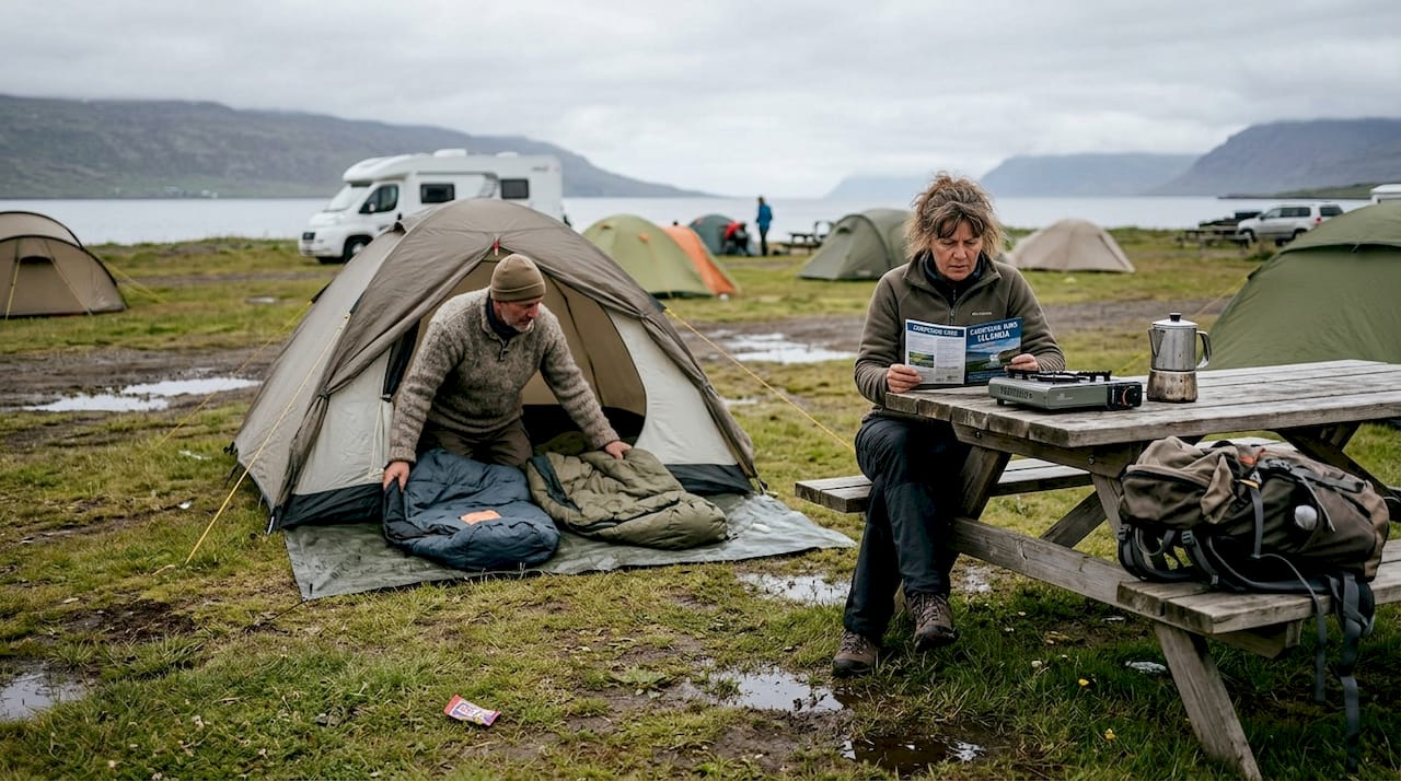 Una coppia sta montando la tenda in un campeggio immerso nella natura selvaggia dell’Islanda.