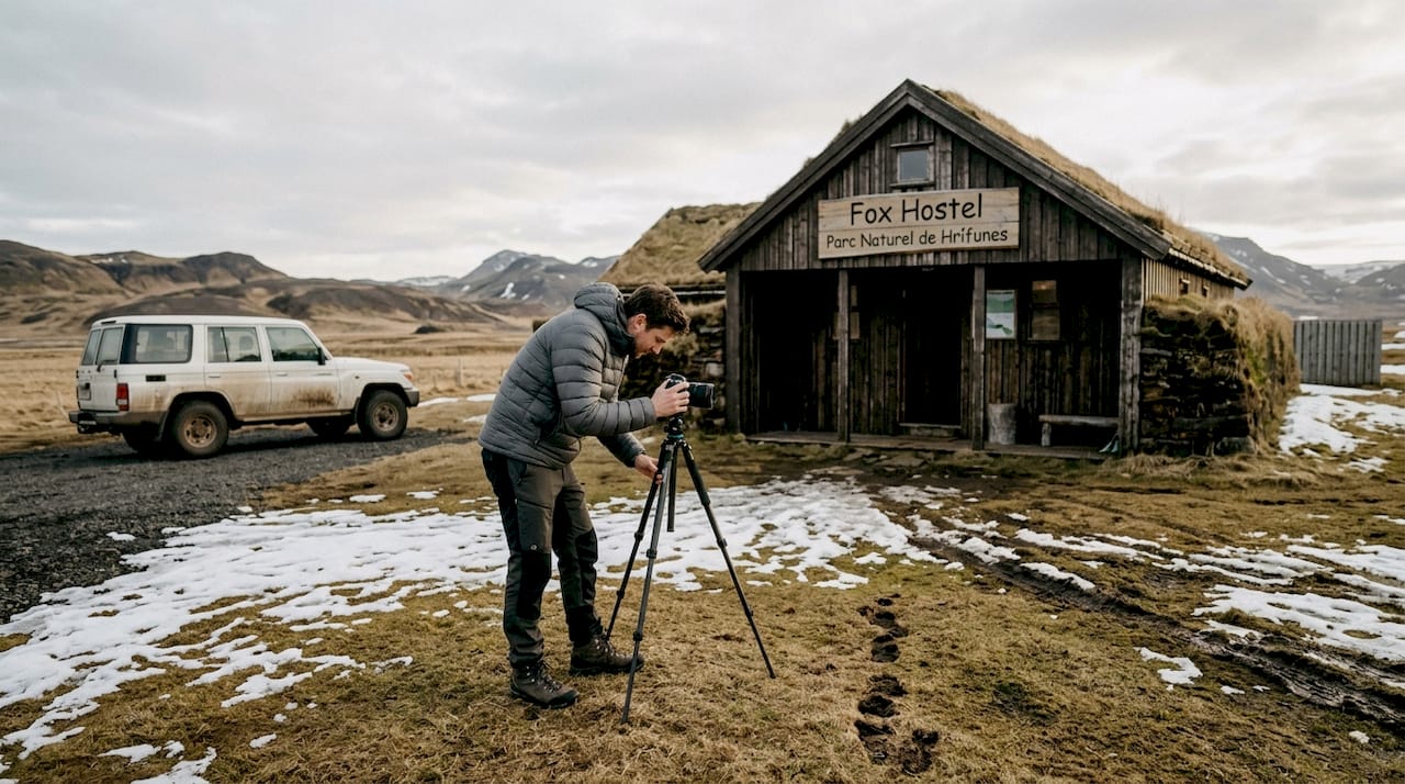 Un voyageur pose devant la façade fraîchement rénovée du Fox Hostel en Islande.