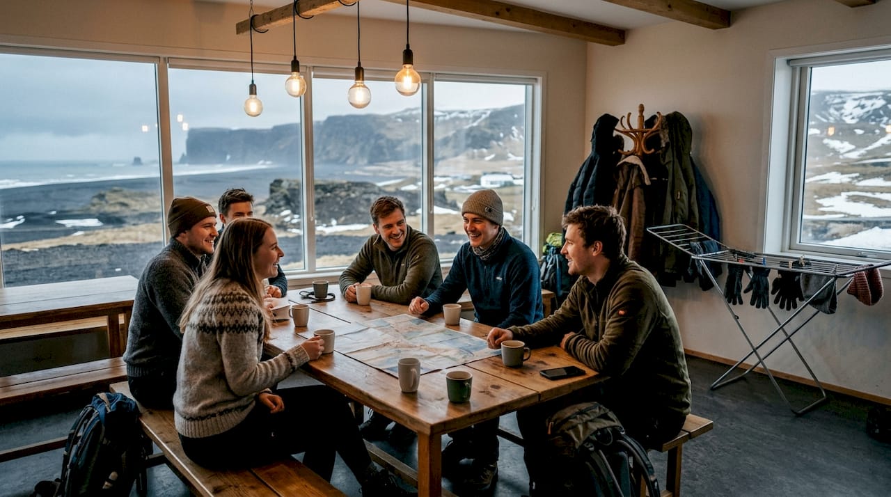 Viaggiatori che chiacchierano insieme attorno al tavolo comune di un ostello in Islanda