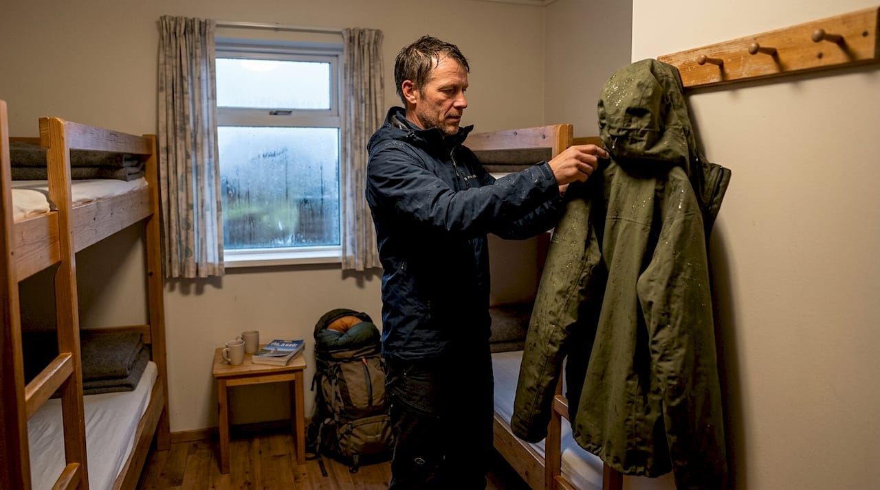 Un voyageur dépose son manteau dans le vestiaire de l’auberge à Vík.
