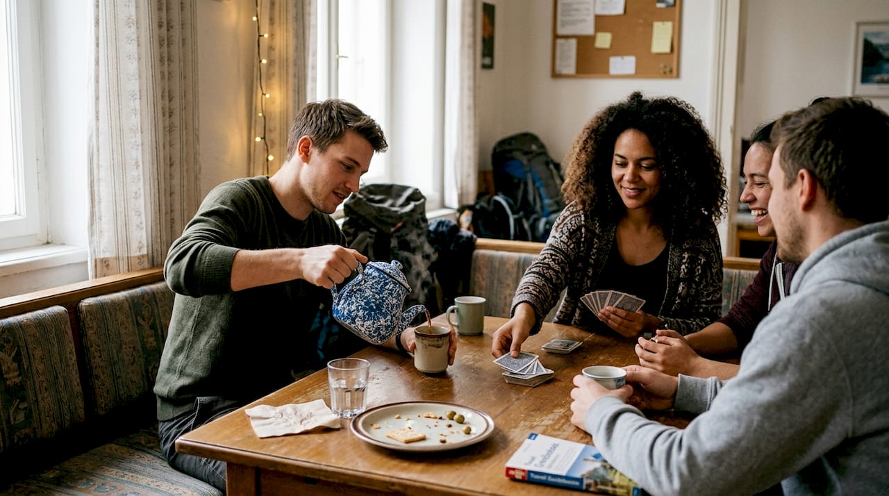 Gesellige Runde beim Spieleabend im Gemeinschaftsraum des Hostels