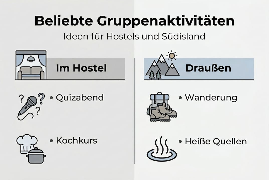 Infografik: Gemeinsam unterwegs – Die besten Gruppenaktivitäten im Hostel und auf Island