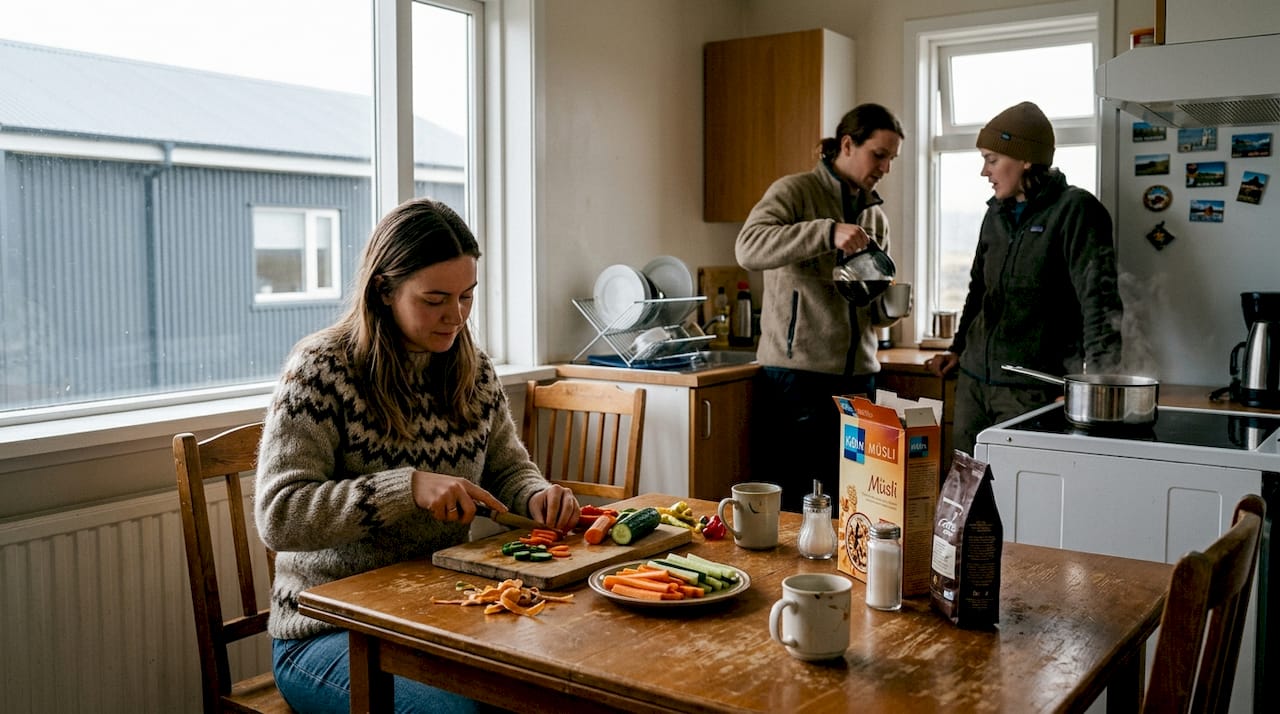 In der Gemeinschaftsküche eines Hostels tauschen sich Reisende beim gemeinsamen Kochen aus.