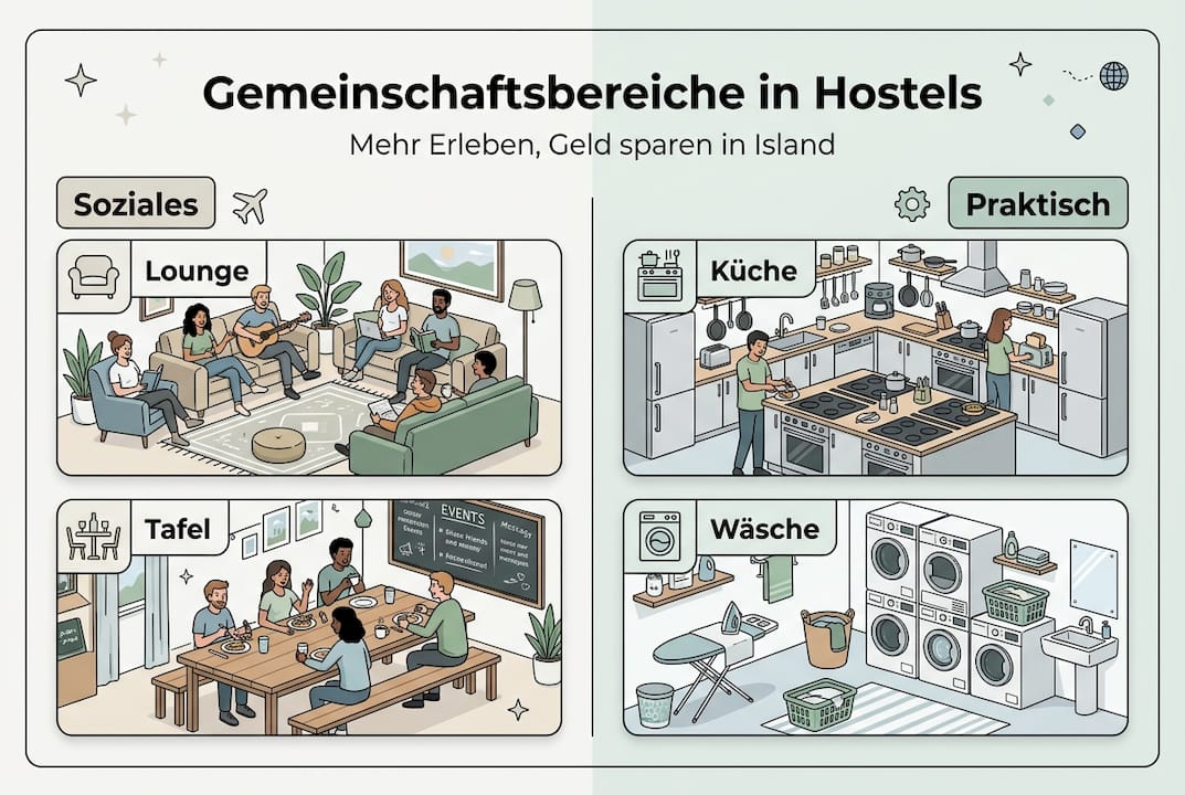 Überblick: Gemeinschaftsräume in Hostels auf Island