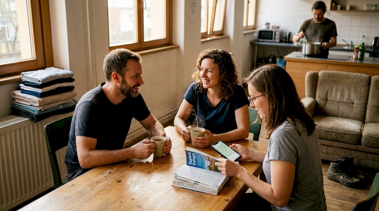 Guests relaxing in hostel lounge area