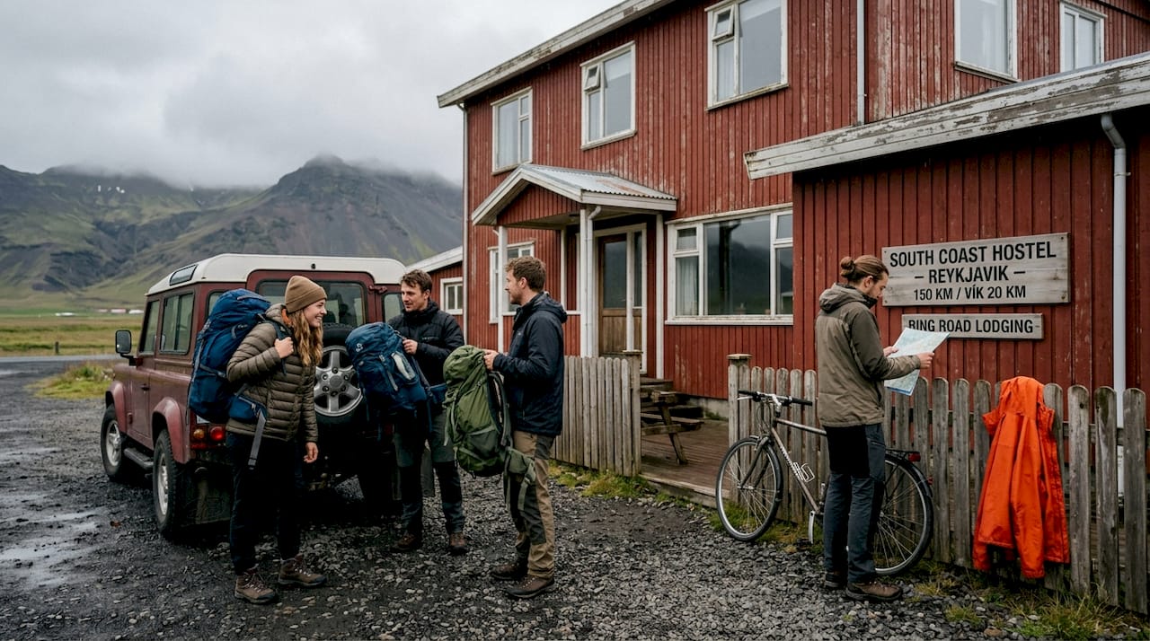 Travelers arriving at coastal Iceland hostel