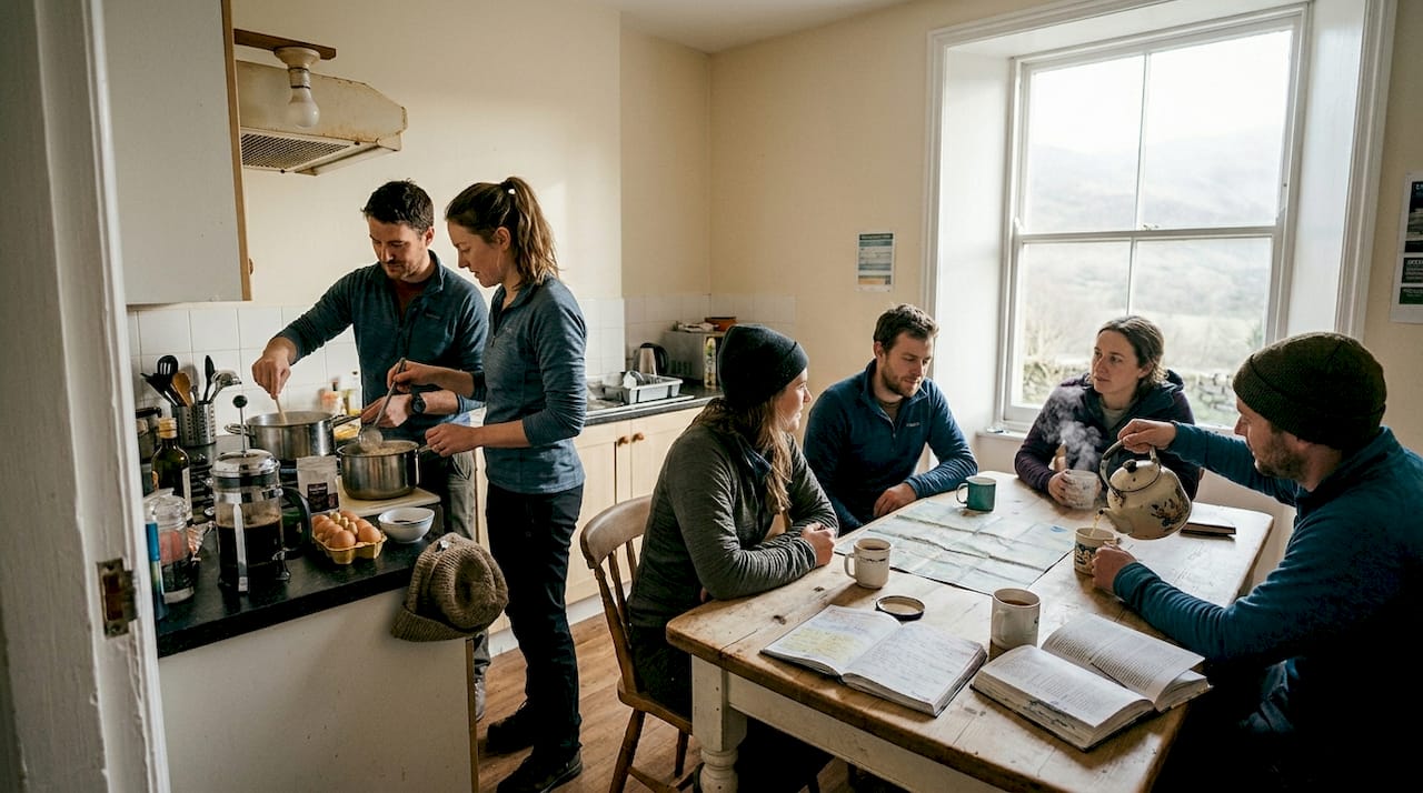 Guests socializing in hostel common room