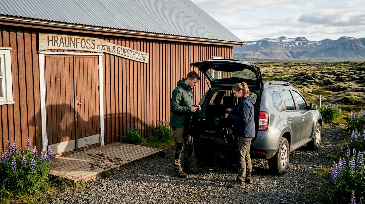 Couple unloading car at Icelandic barn hostel