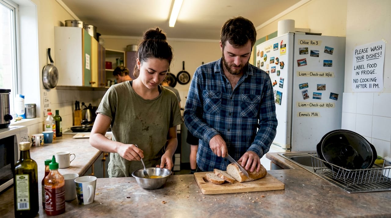 Backpackers using shared hostel kitchen