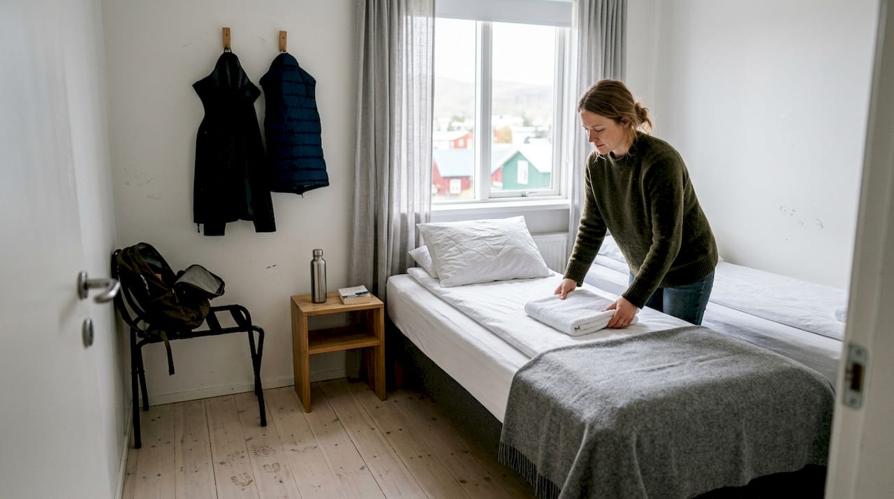 Camera di ostello in Islanda, moderna e impeccabilmente pulita: ideale per chi cerca comfort e praticità durante il viaggio.