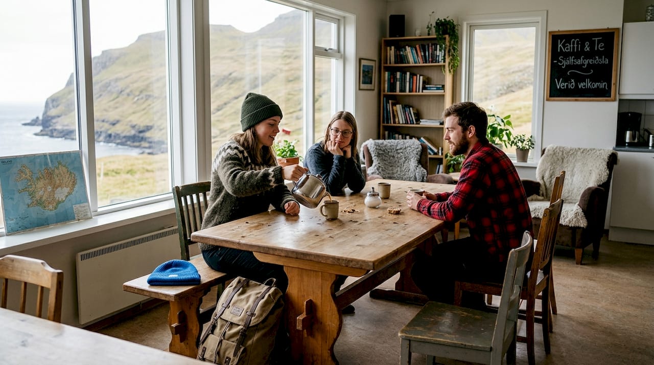 Viaggiatori che fanno amicizia e si raccontano storie nella zona comune di un ostello in Islanda.