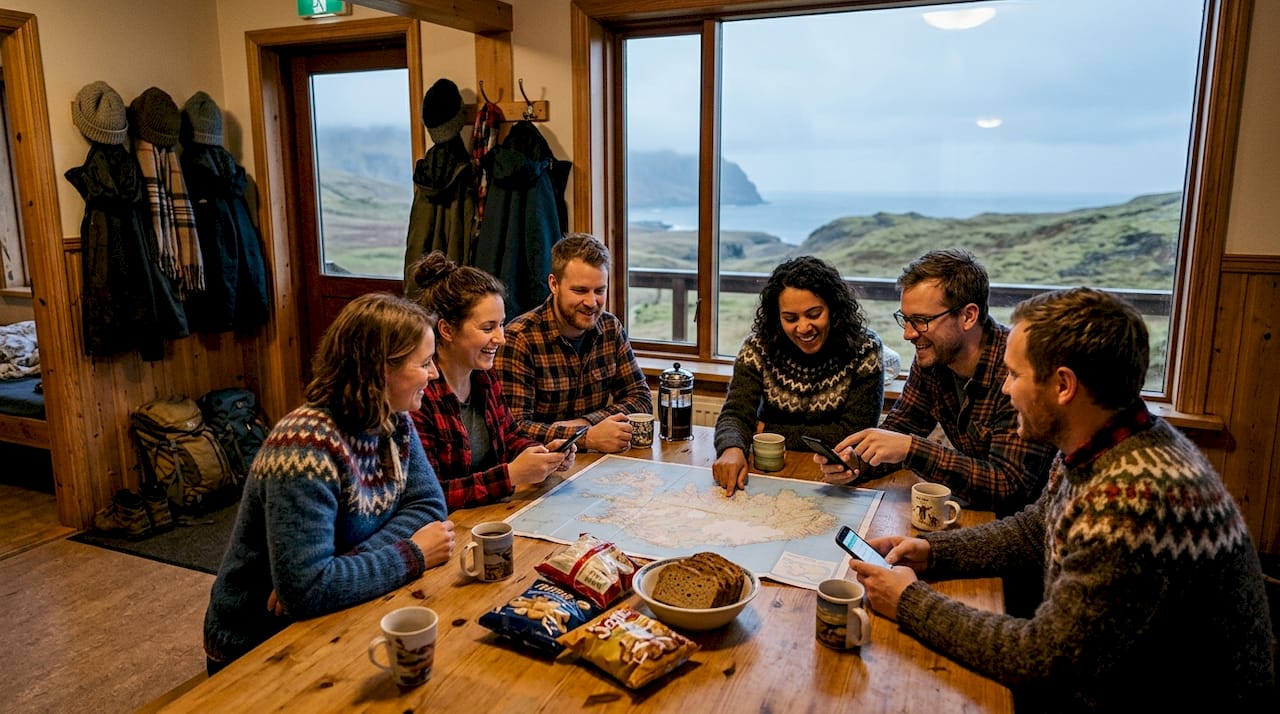 Reunión de amigos organizando el viaje alrededor de una mesa en una casa de huéspedes islandesa