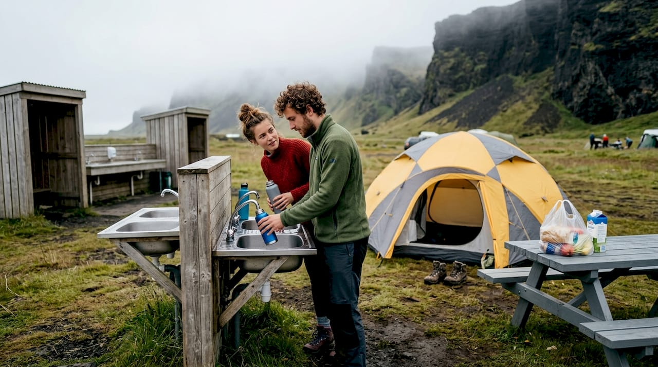 Morgens auf dem Campingplatz: Ein Zelt steht zwischen den Bäumen, während jemand den Tag mit seiner kleinen Morgenroutine draußen beginnt – Kaffee kochen, frische Luft genießen und langsam wach werden.